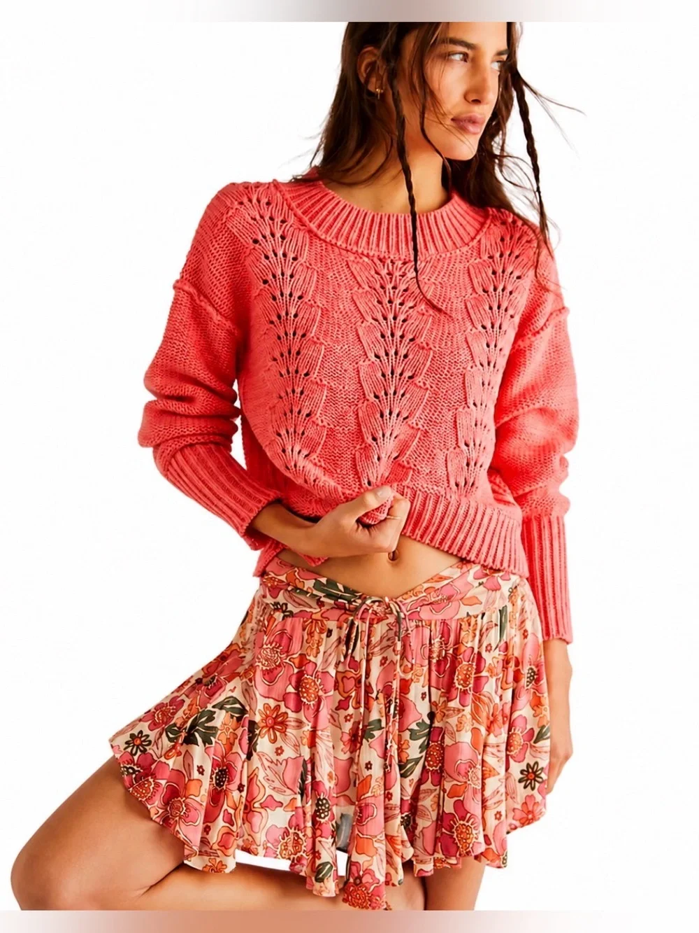 Free People Coral Cropped Openwork Crewneck Sweater XS